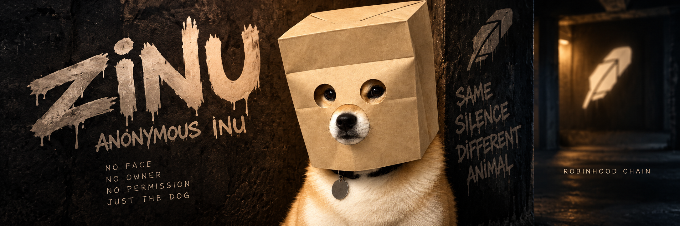 Underground banner of Anonymous Inu in a dark corridor