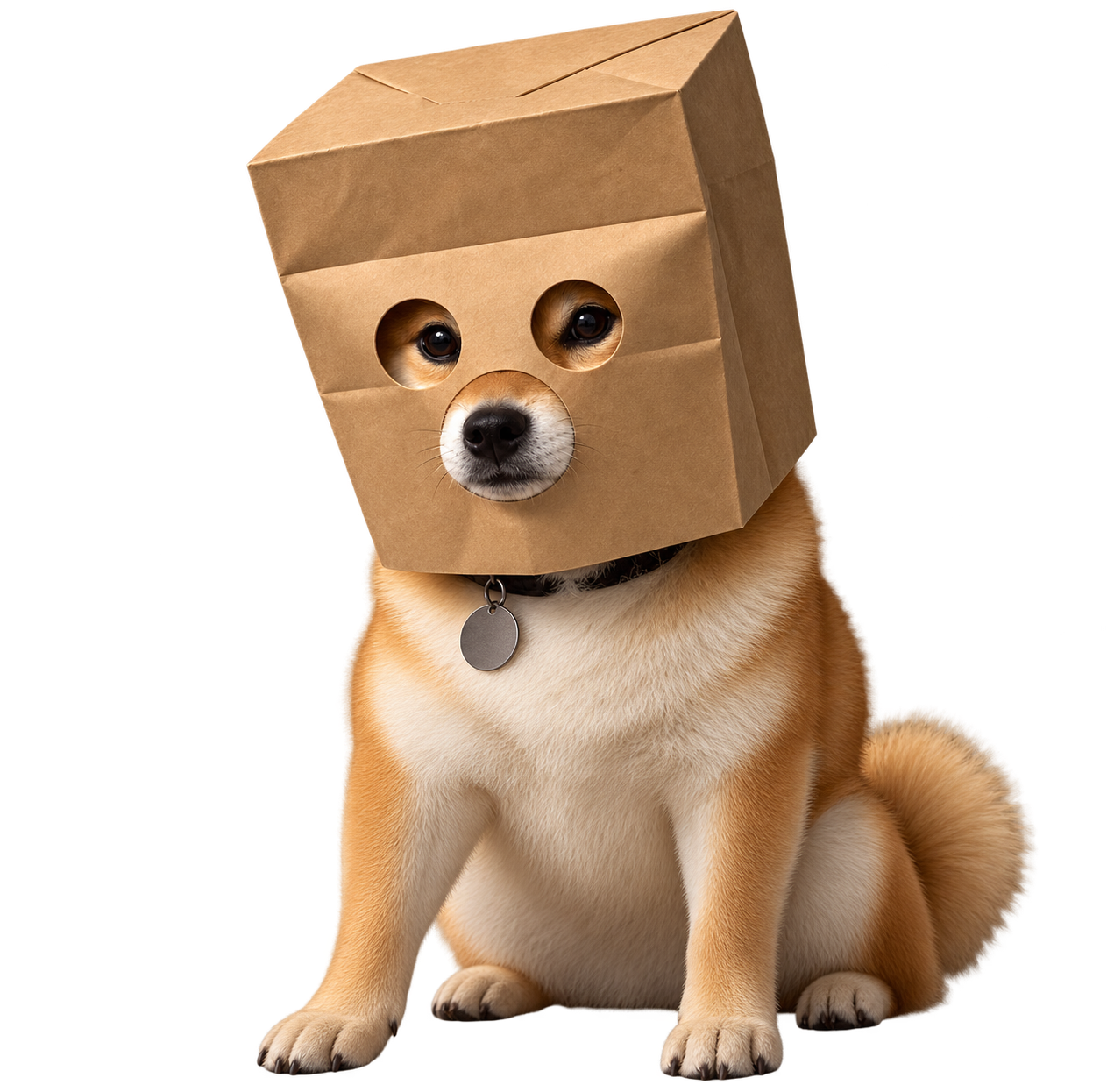 Anonymous Inu, a Shiba Inu sitting upright with a cardboard box mask over its head